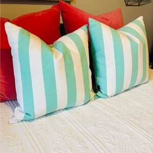 Pillows: 2 Pillow covers 20"x20" striped aqua blue/green and white set of two